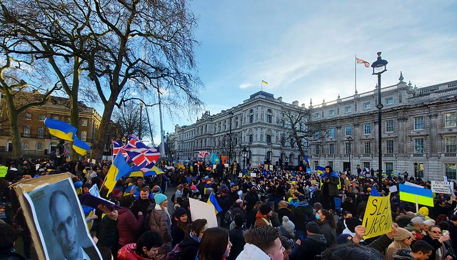 Ukrainian flag flying over Downing Street, London