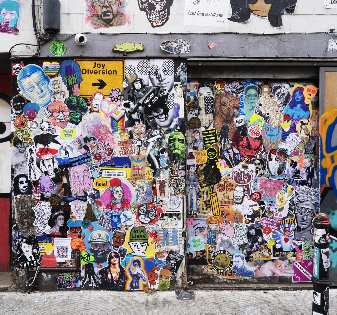 collage of paste ups on Princelet St for the 2nd London International Paste Up Festival held October 2022